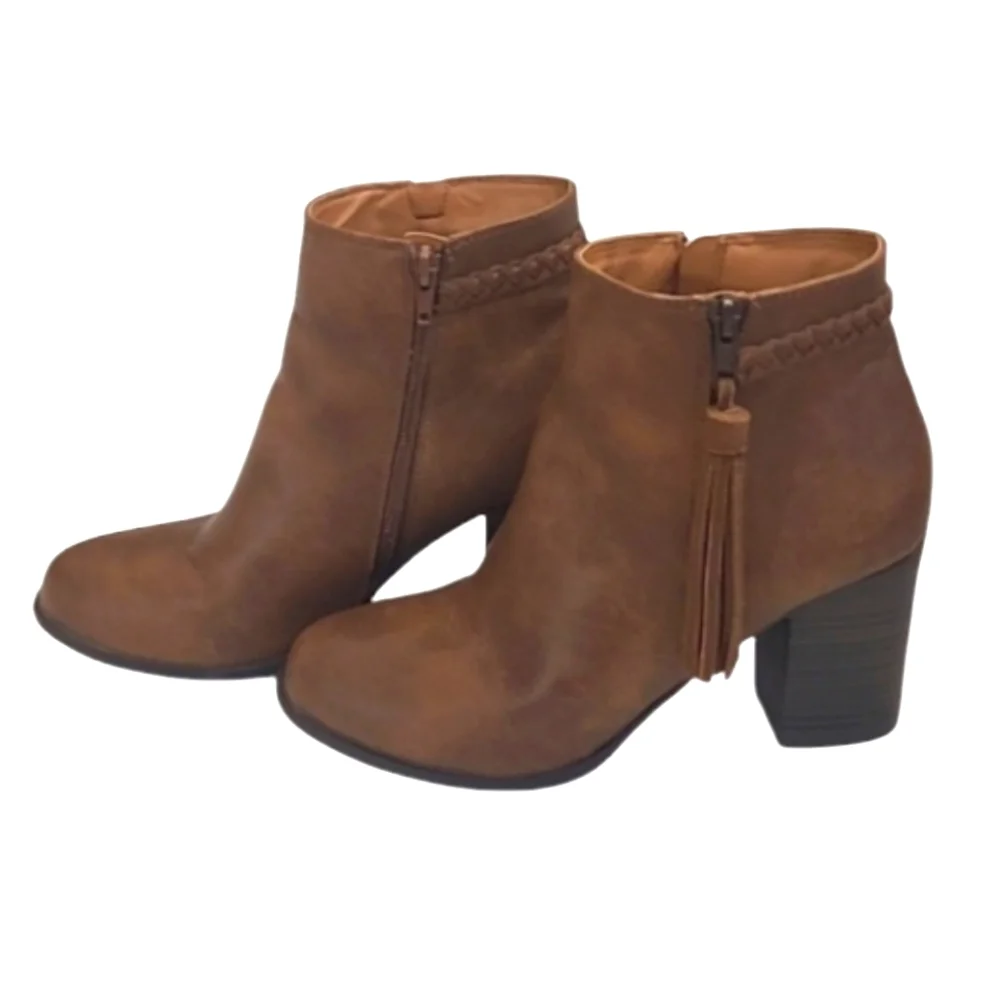 Esprit Rowdy Ankle Boot Square Chunky Block Heel Tassel Zip Up Round Toe Braided